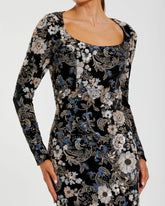 Black Floral Embroidered Velvet Evening Gown